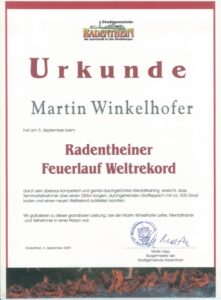 Weltrekord Feuerlauf Urkunde